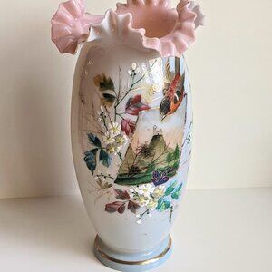 Antique Hand Painted Opaline Vase 12.6" Enameled Bird & Flower Lace Collar